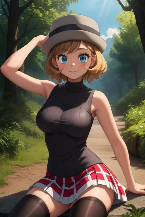 pkmnserena, 1girl, solo, blue eyes, blonde hair, short hair, bangs, hat, grey headwear,
black shirt, turtleneck, sleeveless, red...