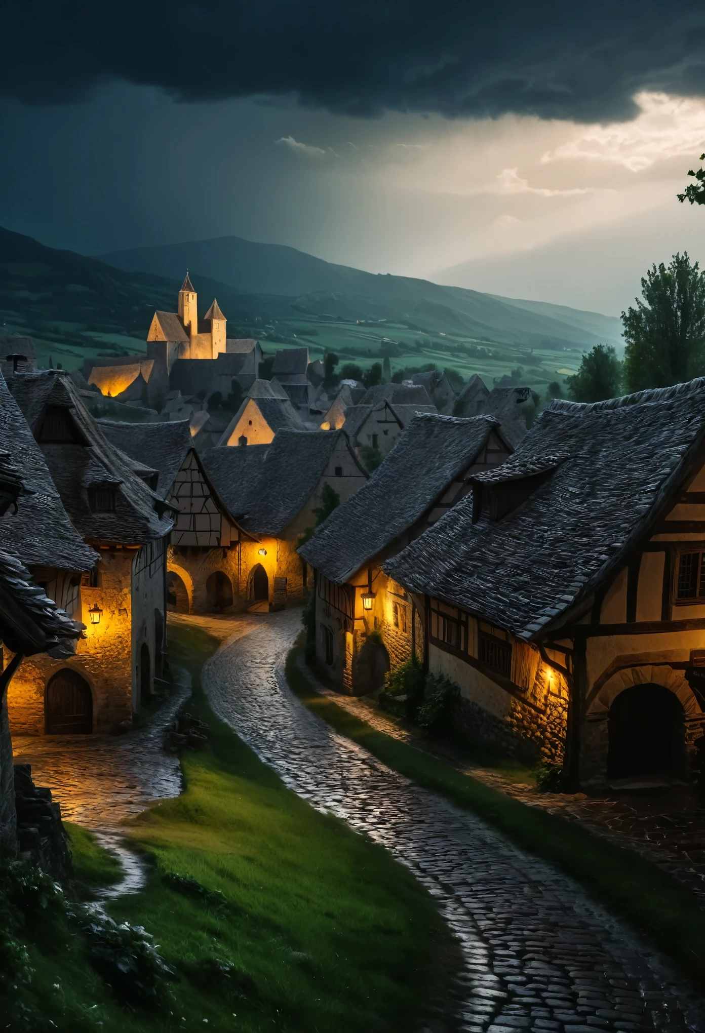 A landscape of a medieval village on a stormy night,
(masterpiece:1.2), (best quality:1.2), ultra-detailed, best shadow, detailed background, high contrast, (best illumination, an extremely delicate and beautiful), ((cinematic light)), intricate details, 8k, very aesthetic, photorealistic,