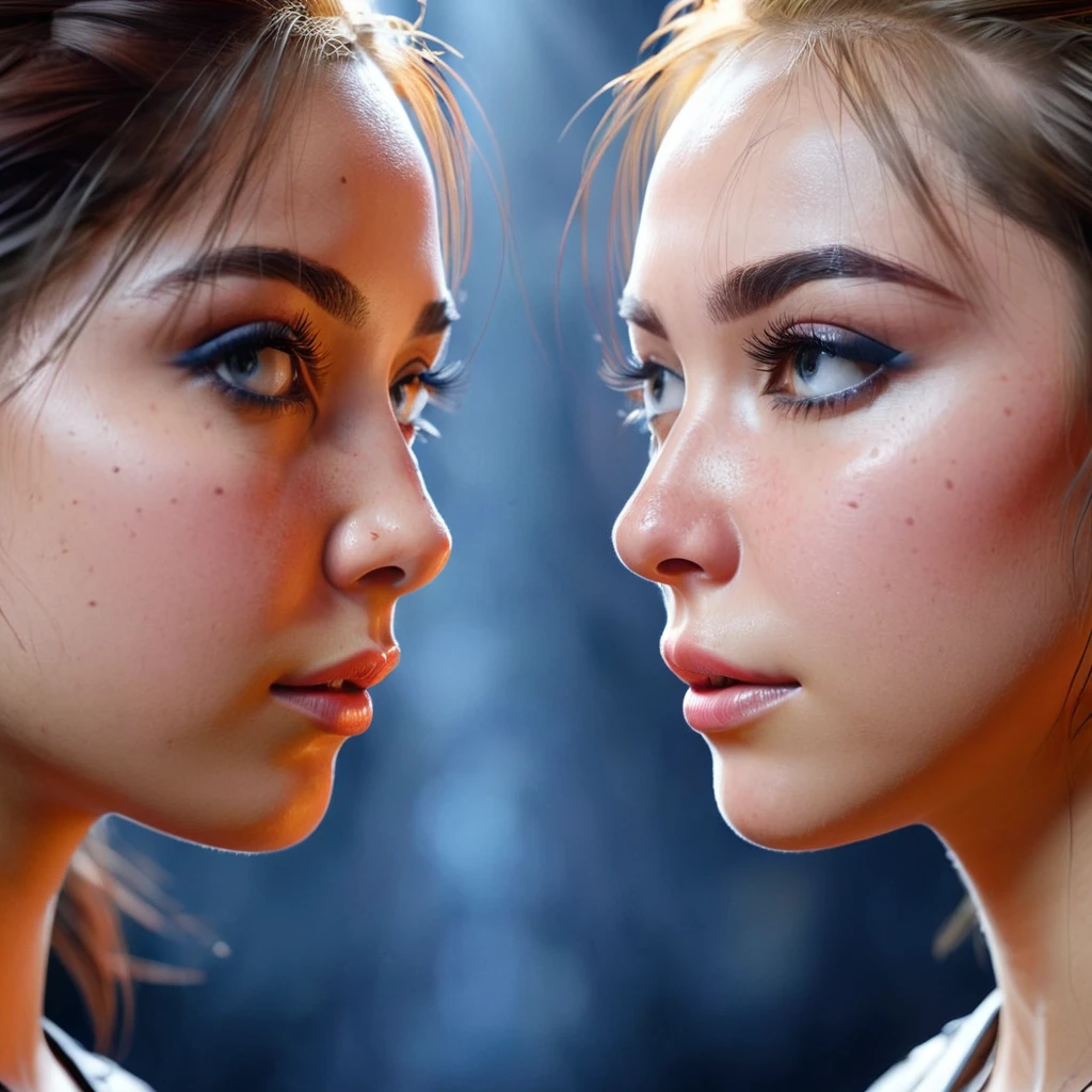 two girl, doppelganger, face to face, mirroring, two tones, opposite-opponent, happy-angry, white-tanned skin, charm-mean, fire between, white-red hair, high-low collar dress, asymmetrical tattoo, epic realism, UHD 8k, super detailed, unreal engine
