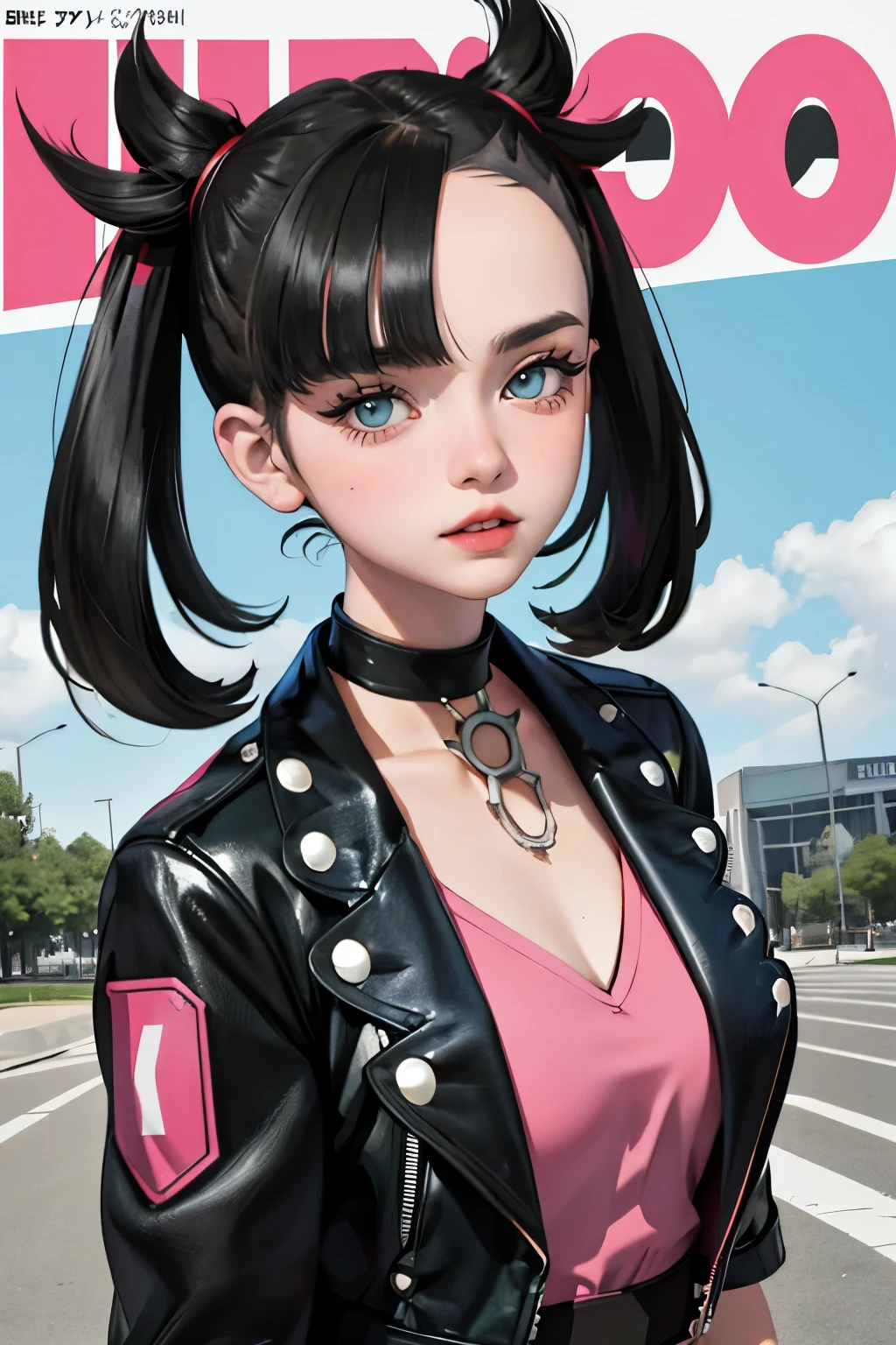 Marnie (pokemon), punk girl, masterpiece, best quality, highres, marnie, aqua eyes, choker, red ribbon, Side bangs, black hair, much hair, big breasts, black lether jacket, pink dress, masterpiece, best quality, spring outfit, colorful hair, outdoor, magazine cover ,upper body, adult, 26 years.