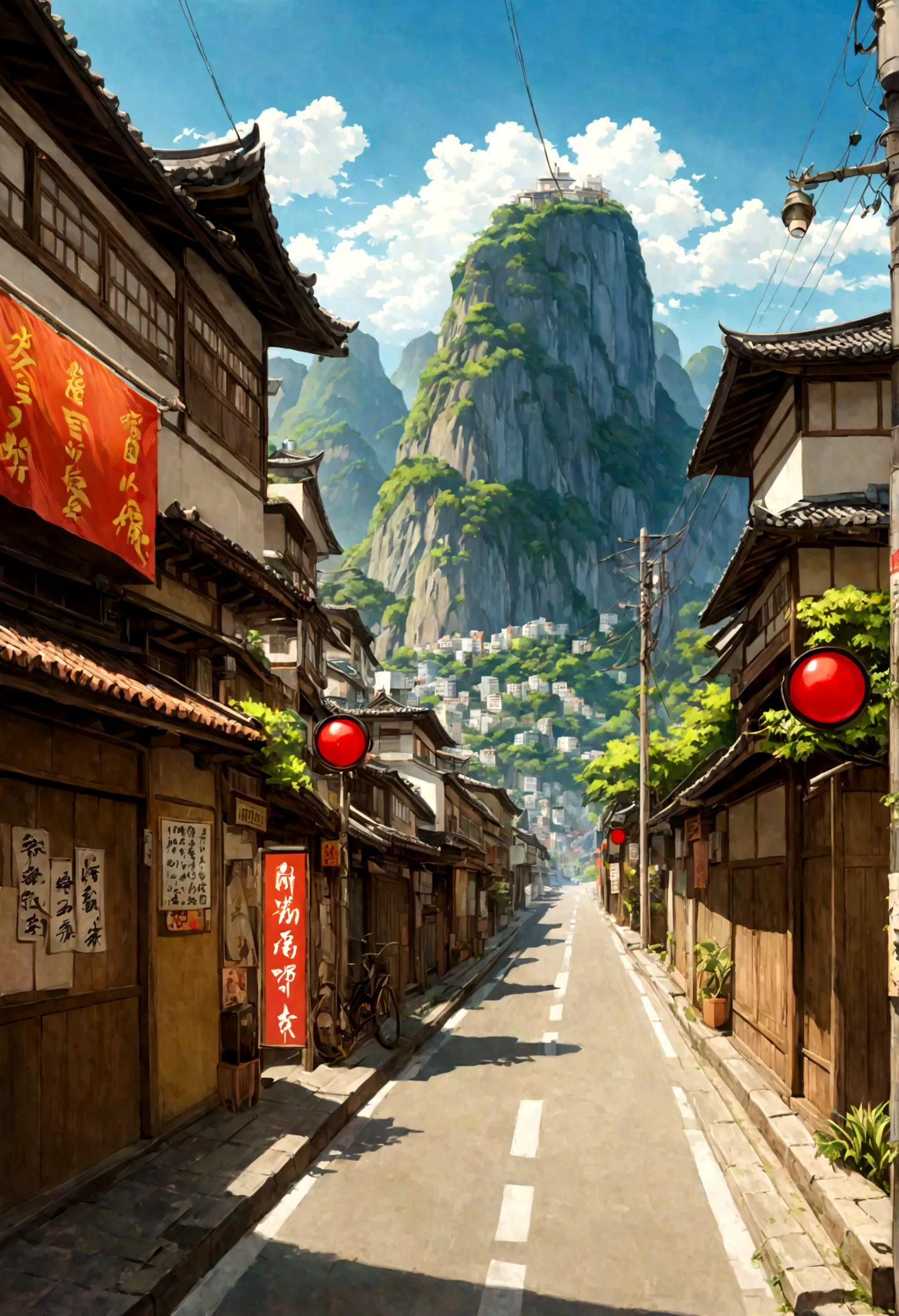 A painting depicting a waterside street, Traffic light on pole, rio de janeiro in an Japanese Manga film, Japanese Manga. author...