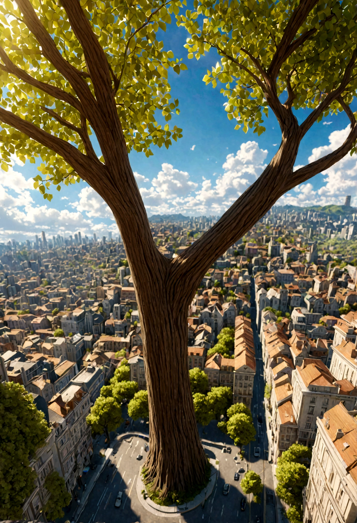 8K, Alta resolución, Súper detalle, ciudad súper realista en el árbol, cielo brillante, nubes blancas, miniatura