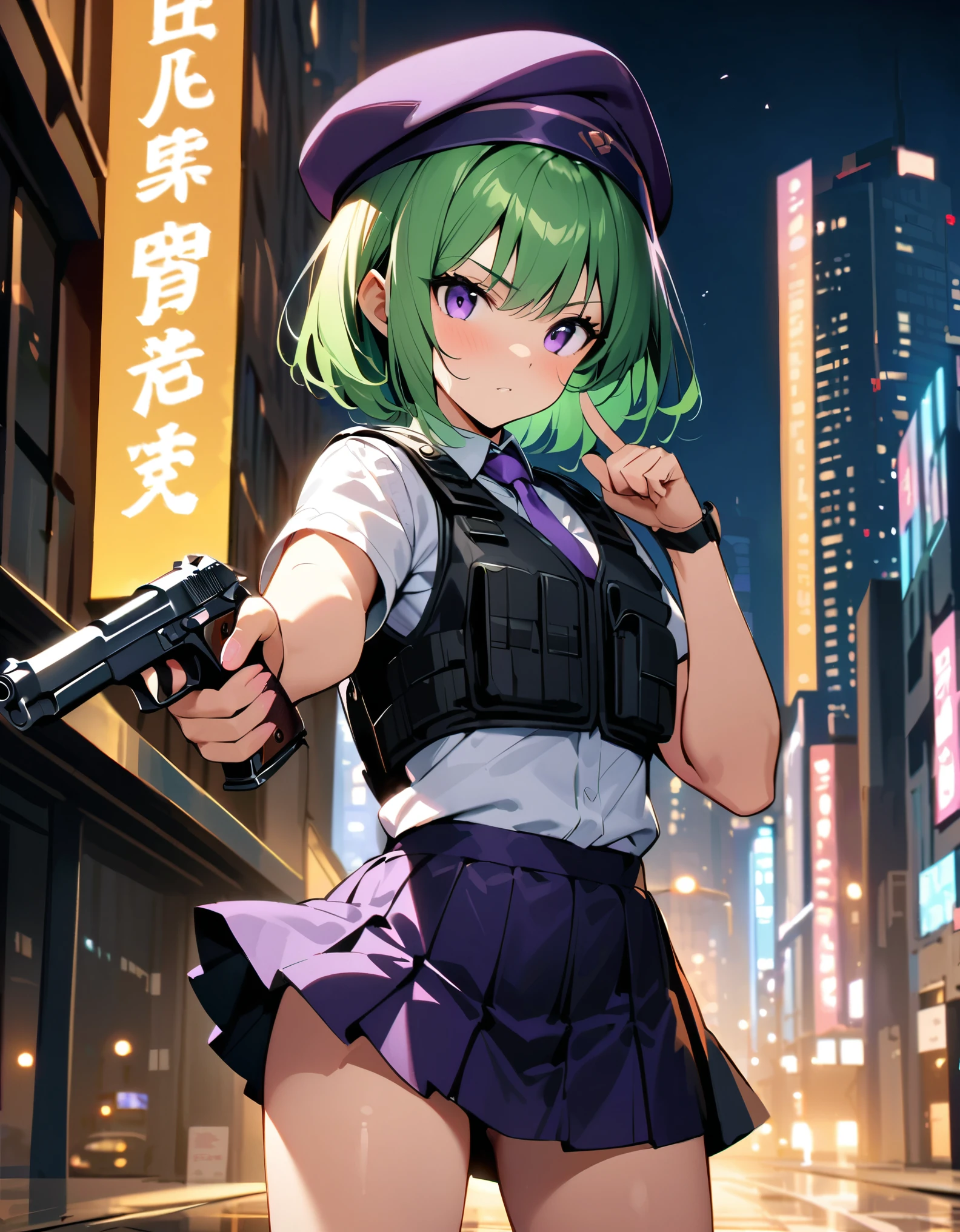 masterpiece, best quality, hires, top-quality、extremely delicate and beautiful、(a teenage girl)、purple eyes、green hair、short-haired、(purple pointy hat)、purple tie、solo、tactical vest、short sleeves. purple skirt, pleated skirt, miniskirt、(holding a pistol in her right hand, (beretta 92f))、((pointing the gun to the front)). city backdrop, night, noir atmosphere. cowboy shot.