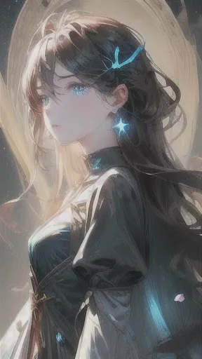 a princess, black (bioluminescent dress), long hair, crystal, flowers, detailed eyes, stars in the eyes