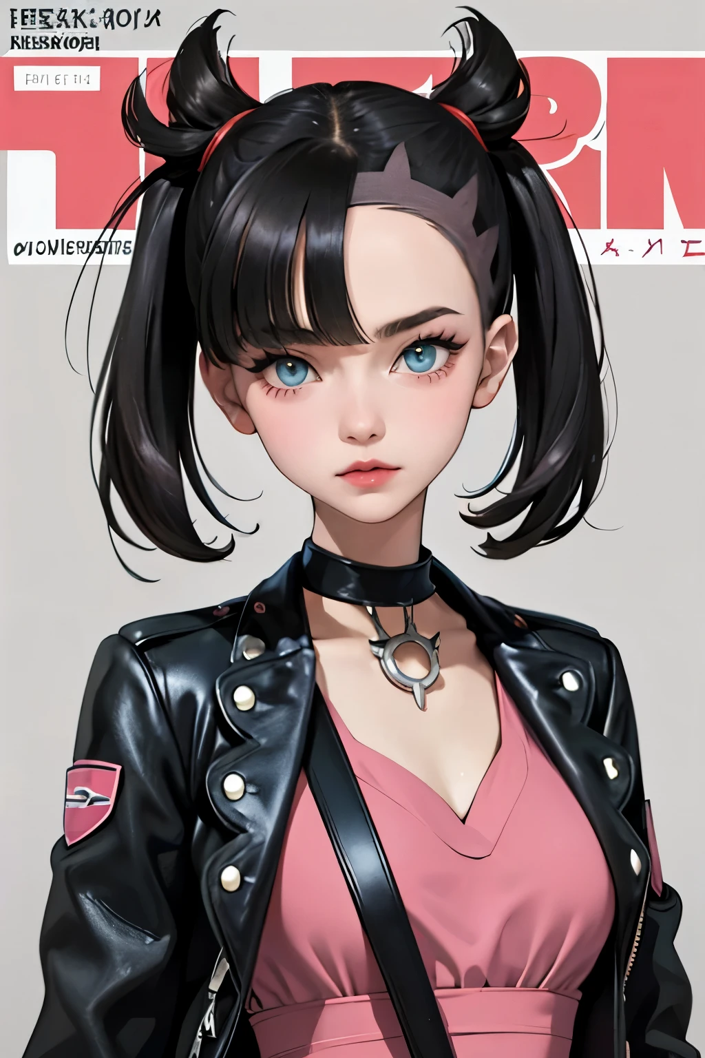 Marnie (pokemon), punk girl, masterpiece, best quality, highres, marnie, aqua eyes, choker, red ribbon, Side bangs, black hair, much hair, big breasts, black lether jacket, pink dress, masterpiece, best quality, spring outfit, colorful hair, outdoor, magazine cover ,upper body, adult, 26 years.