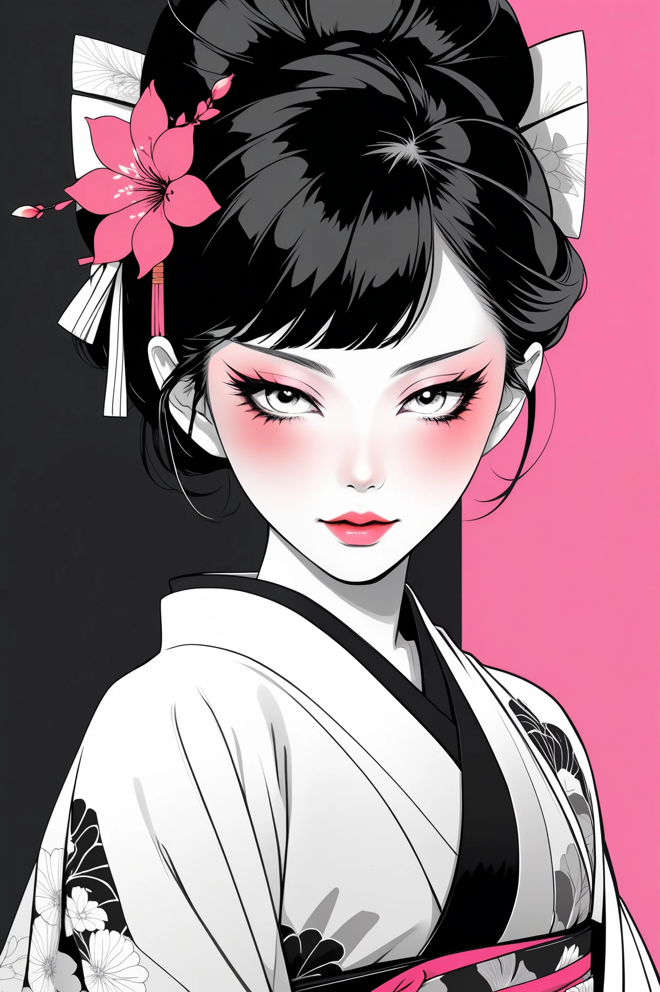 (beste Qualität, skizzieren:1.2),Praktisch,Illustrator,Japanische Zeichentrickfilme,1 Mädchen, detaillierte Lippen, Kimono,Unterhaltung, Schwarz-weißer Hintergrund mit Farbverlauf,Neon-Haare,Textur-Zuschneiden, Meisterwerk, Der Stil ist Vintage, dunkelschwarz 