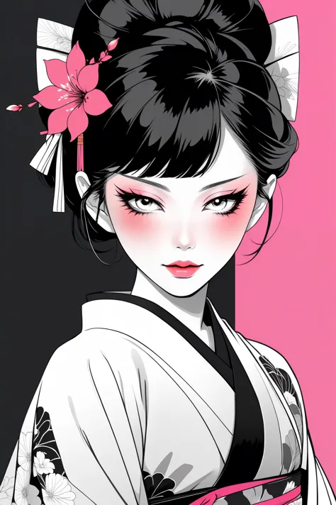 (best quality, sketch:1.2),Practical,ilustrador,Japanese cartoons,1 girl, Detailed lips, kimono,Entertainment, black and white g...