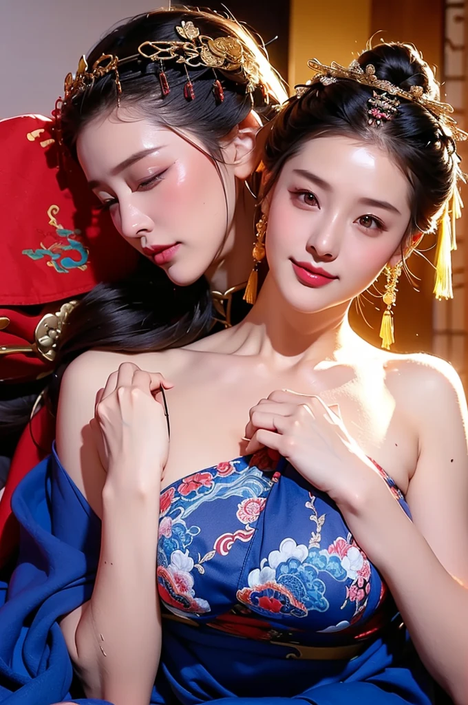 A couple of lesbians sat together.,Taoist ascetic,One hair bun, (A traditional Chinese hairpin on her head.:1.5),Use mahogany hair clips., (Transparent clothes show off your breasts.),laughing at:1.4, Revealing translucent lace panties, (ulzzang-6500-Version 1.4,Pure Face_Version 1,Octane rendering),elegant pose,xxmix girl woman,golden ratio perfect composition, Masterpiece, best quality, 4k, Sharp focus. Better hands, perfect anatomy.