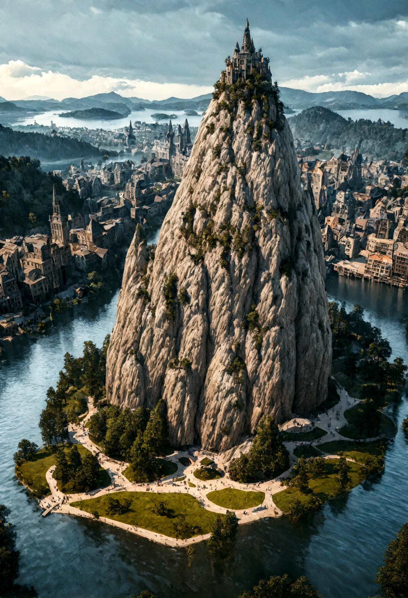 realistic, masterpiece, best quality, high quality, 8k, detailed, city in the tree, tree standing on lake, big tree, fantastic city like harry potter.