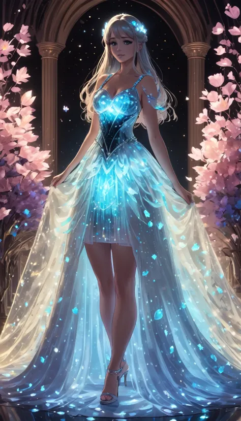 A princess, glowing dress, long hair, crystal, flowers