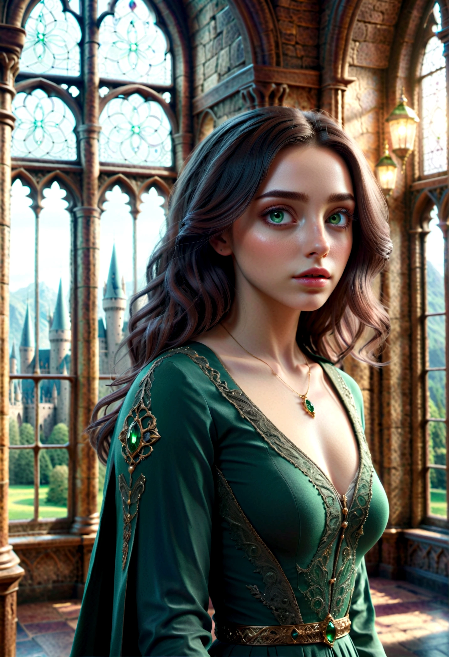 a girl with dark hair and green eyes, beautiful detailed eyes, beautiful detailed lips, extremely detailed eyes and face, long eyelashes, hogwarts castle, great hall, severus snape's daughter, harry potter, two siblings meeting, chiaroscuro lighting, dramatic shadows, moody atmosphere, cinematic, hyperrealistic, 8k, detailed, masterpiece, photorealistic, high quality