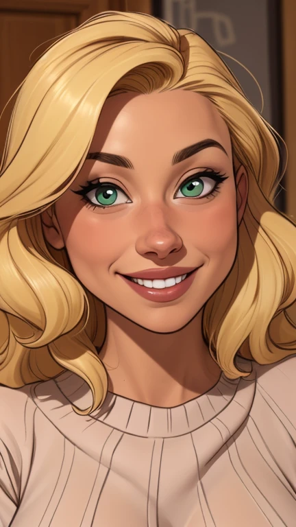 A close-up of a woman in a sweater, a girl, a beautiful woman with brown hair, a cute young blonde girl, She is blonde, A blonde woman, a young blonde woman, brown head, neckleace, one is short blonde blonde, cute freckles, beautiful seductive smile, with blond hair and green eyes, beautiful and smiling, smiling seductively.