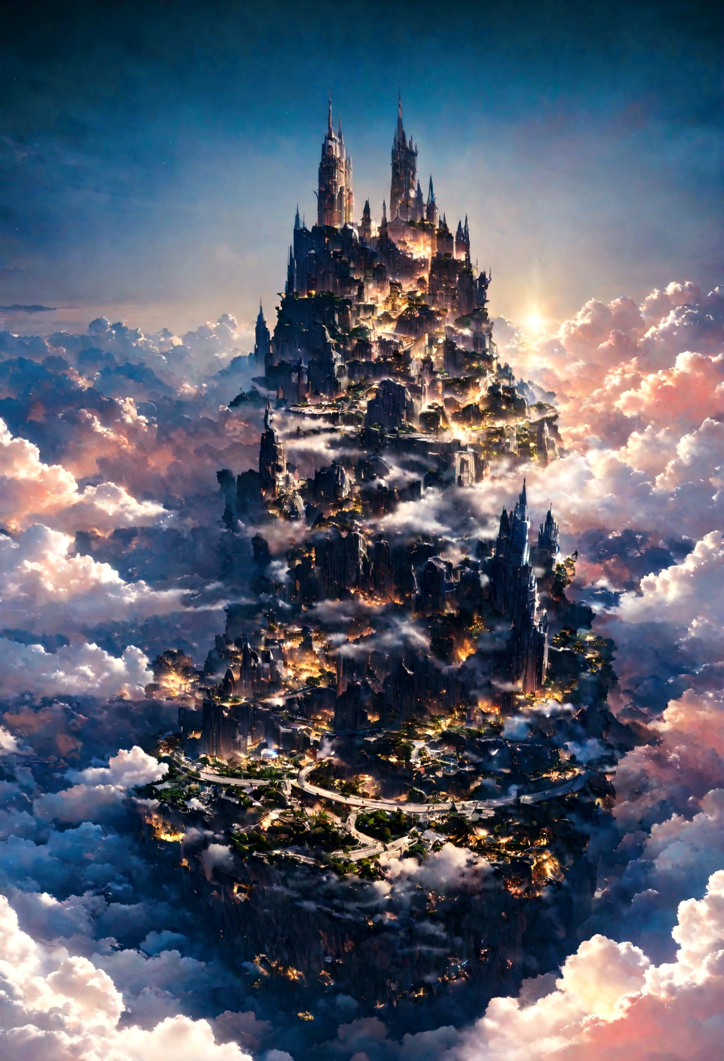 realistic, masterpiece, best quality, high quality, 8k, detailed, cinematic, fantastical city floating in the sky, with crystal towers and bridges made of light, surrounded by colorful clouds and ethereal creatures