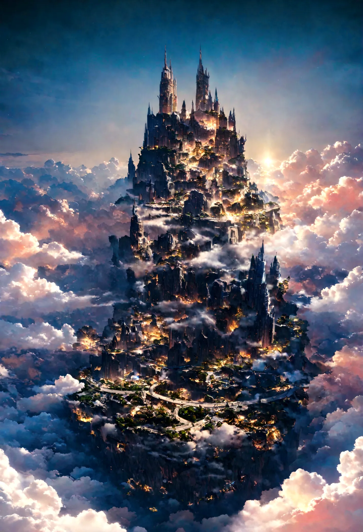 realistic, masterpiece, best quality, high quality, 8k, detailed, cinematic, fantastical city floating in the sky, with crystal ...