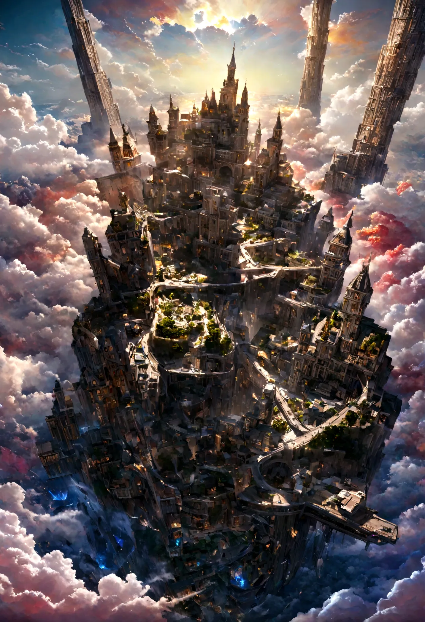 realistic, masterpiece, best quality, high quality, 8k, detailed, cinematic, fantastical city floating in the sky, with crystal ...