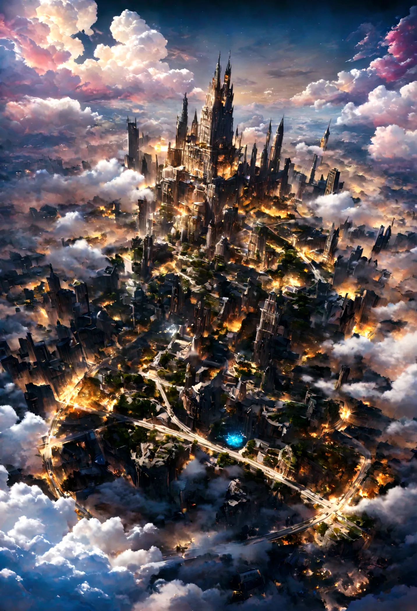 realistic, masterpiece, best quality, high quality, 8k, detailed, cinematic, fantastical city floating in the sky, with crystal ...