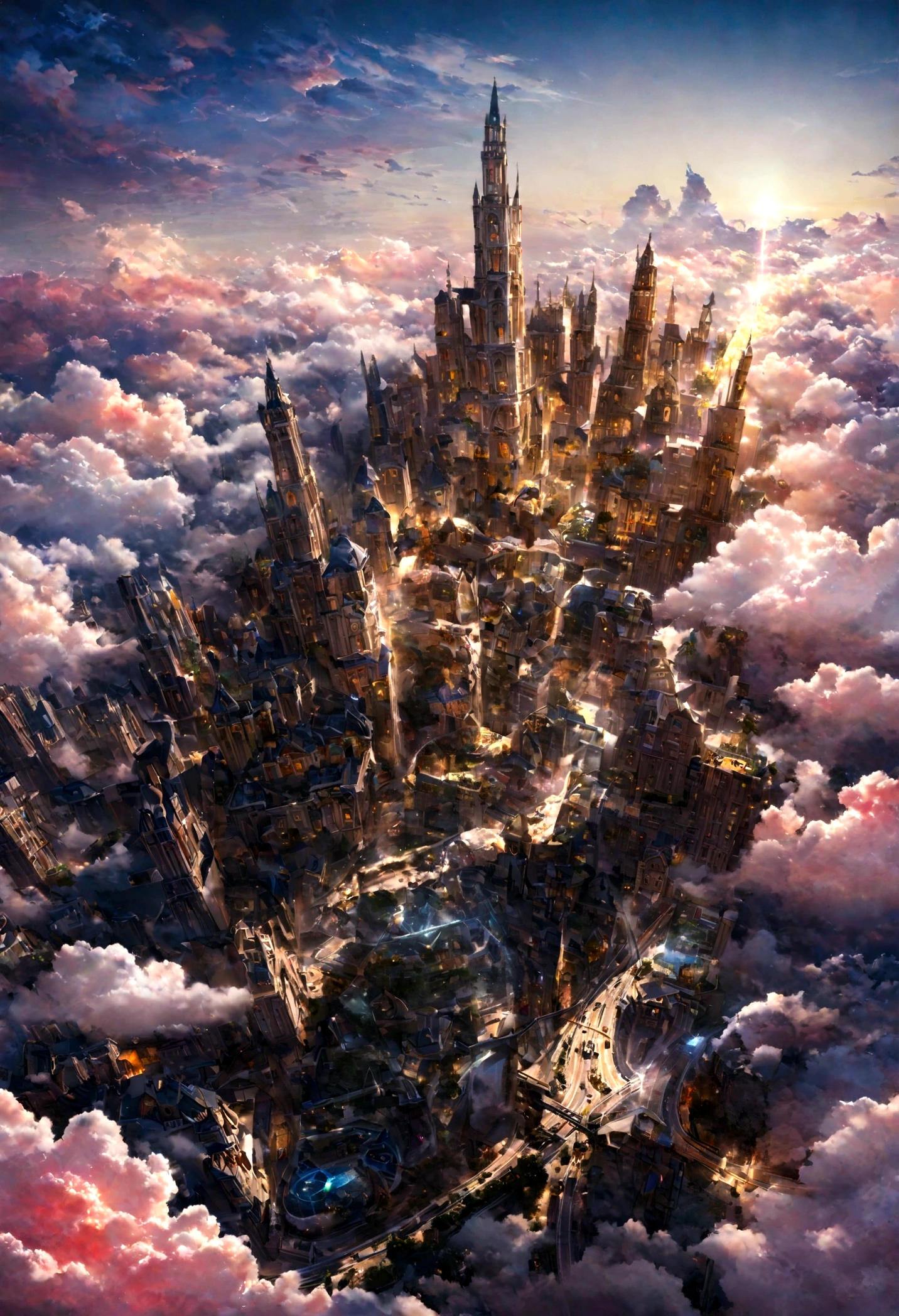 realistic, masterpiece, best quality, high quality, 8k, detailed, cinematic, fantastical city floating in the sky, with crystal towers and bridges made of light, surrounded by colorful clouds and ethereal creatures