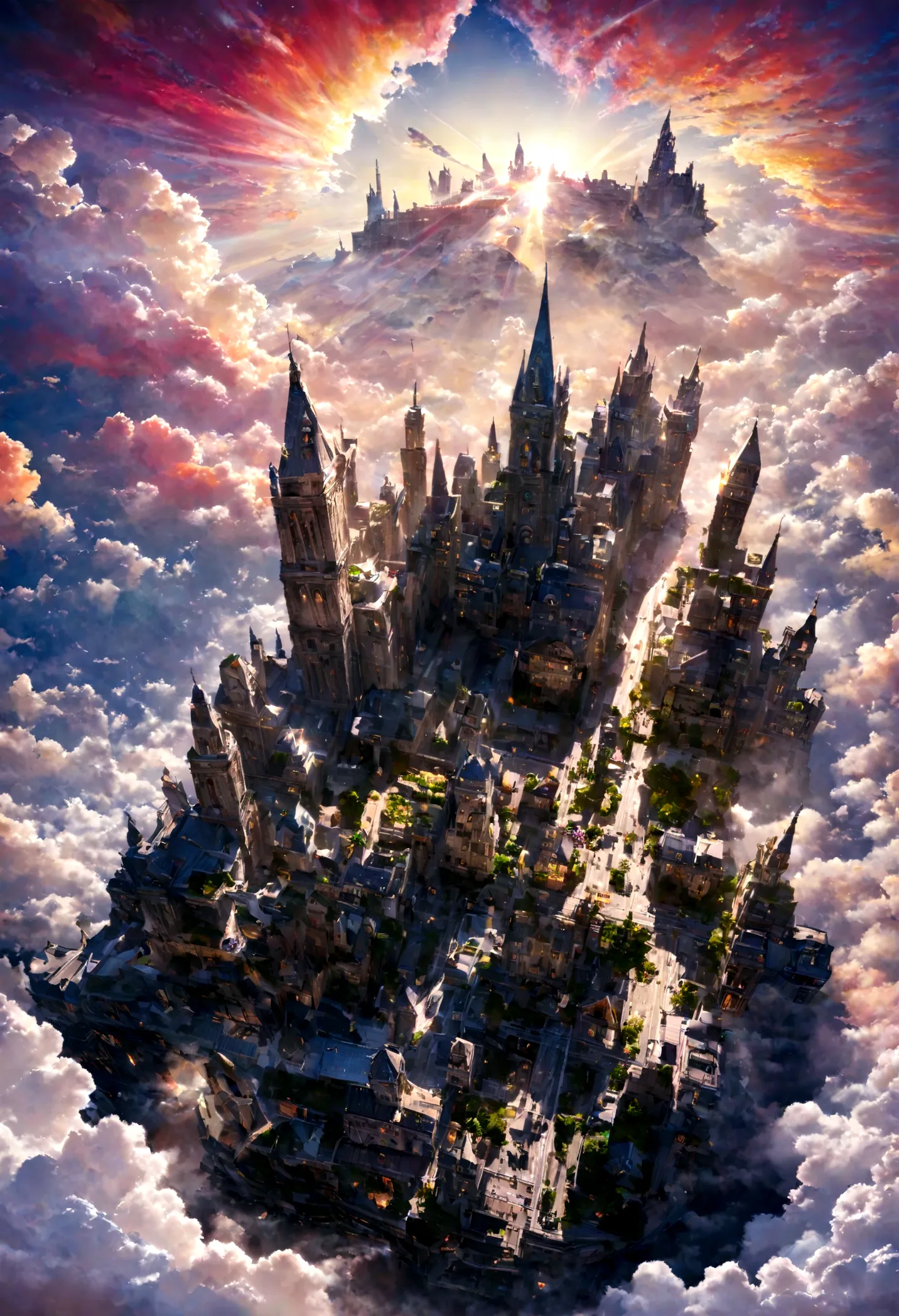 realistic, masterpiece, best quality, high quality, 8k, detailed, cinematic, fantastical city floating in the sky, with crystal ...