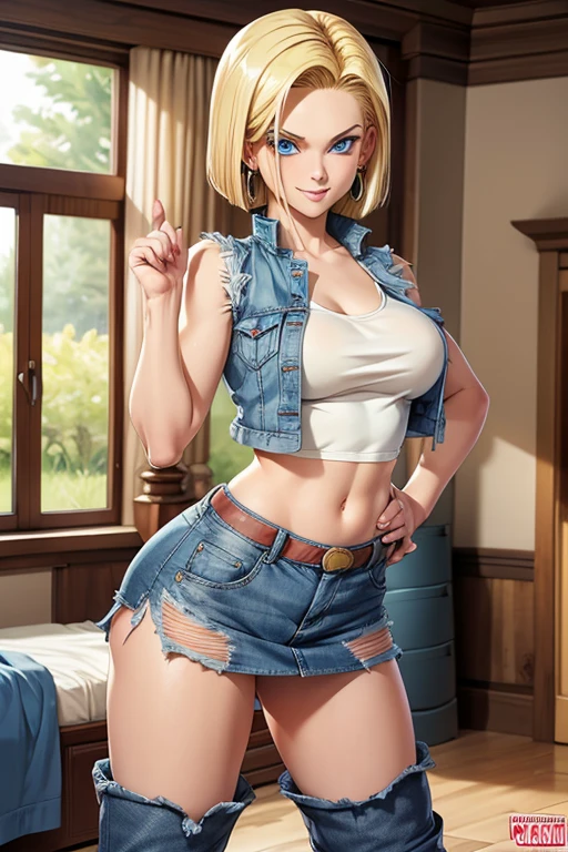 Best Quality, Android 18, Solo, Blonde hair, Blue eyes, Short hair, A smile, earrings, Jewelry, Denim Vest, open vest, no bra, Denim miniskirt, Black knee-high boots, huge breasts, buttocks sticking out and turning around, at home 