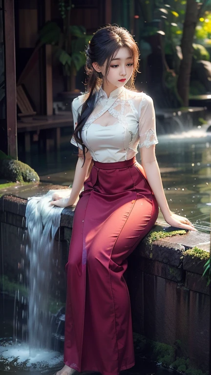 sem andar superior;  Uma linda mulher birmanesa de saia longa toma um banho relaxante à beira do rio.  Tomei banho e meu corpo todo estava molhado. sem topo, mas meus seios estavam cobertos por uma saia longa
