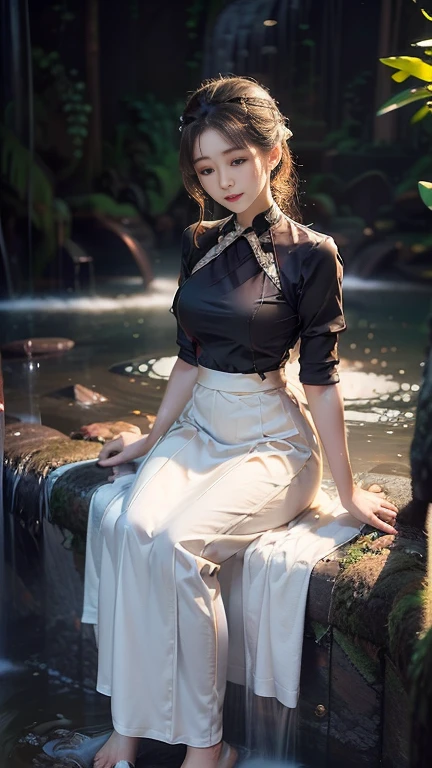 no upper floor;  A beautiful Burmese woman in a long skirt takes a relaxing bath by the river.  I took a shower and my whole body was wet. No top, but my breasts were covered with a long skirt