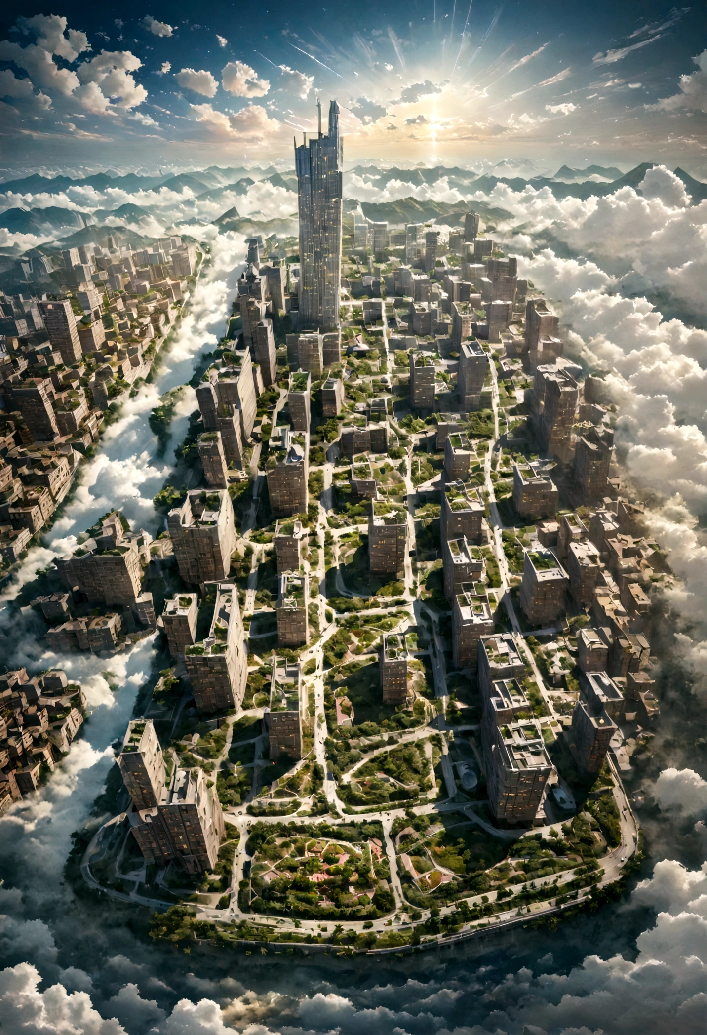 Realista, obra maestra, mejor calidad, alta calidad, 8K, detallado, cinematográfico, ciudad fantástica flotando en el cielo, con torres de cristal y puentes de luz, rodeado de nubes coloridas y criaturas etéreas