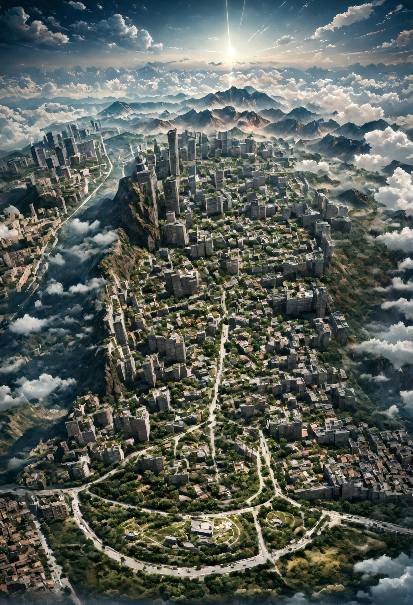 realistic, masterpiece, best quality, high quality, 8k, detailed, cinematic, fantastical city floating in the sky, with crystal towers and bridges made of light, surrounded by colorful clouds and ethereal creatures