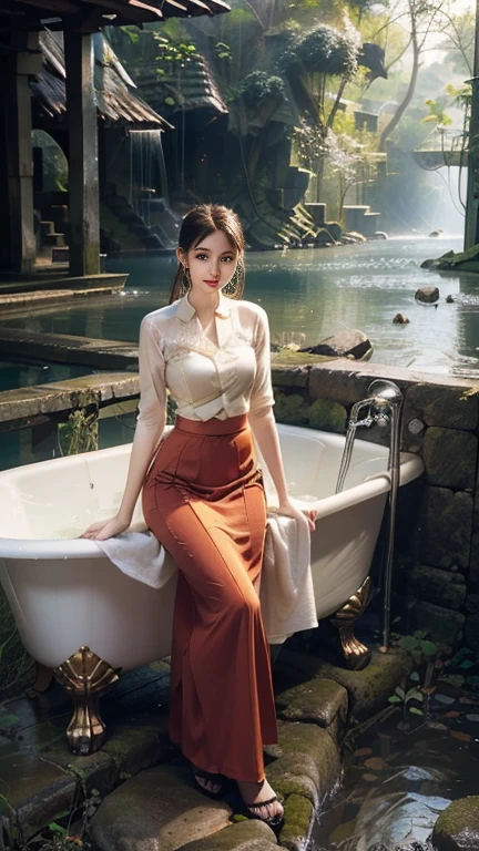 kein Obergeschoss;  Eine schöne burmesische Frau in einem langen Rock nimmt ein entspannendes Bad am Fluss.  Ich habe geduscht und mein ganzer Körper war nass. kein Oberteil, aber meine Brüste waren mit einem langen Rock bedeckt