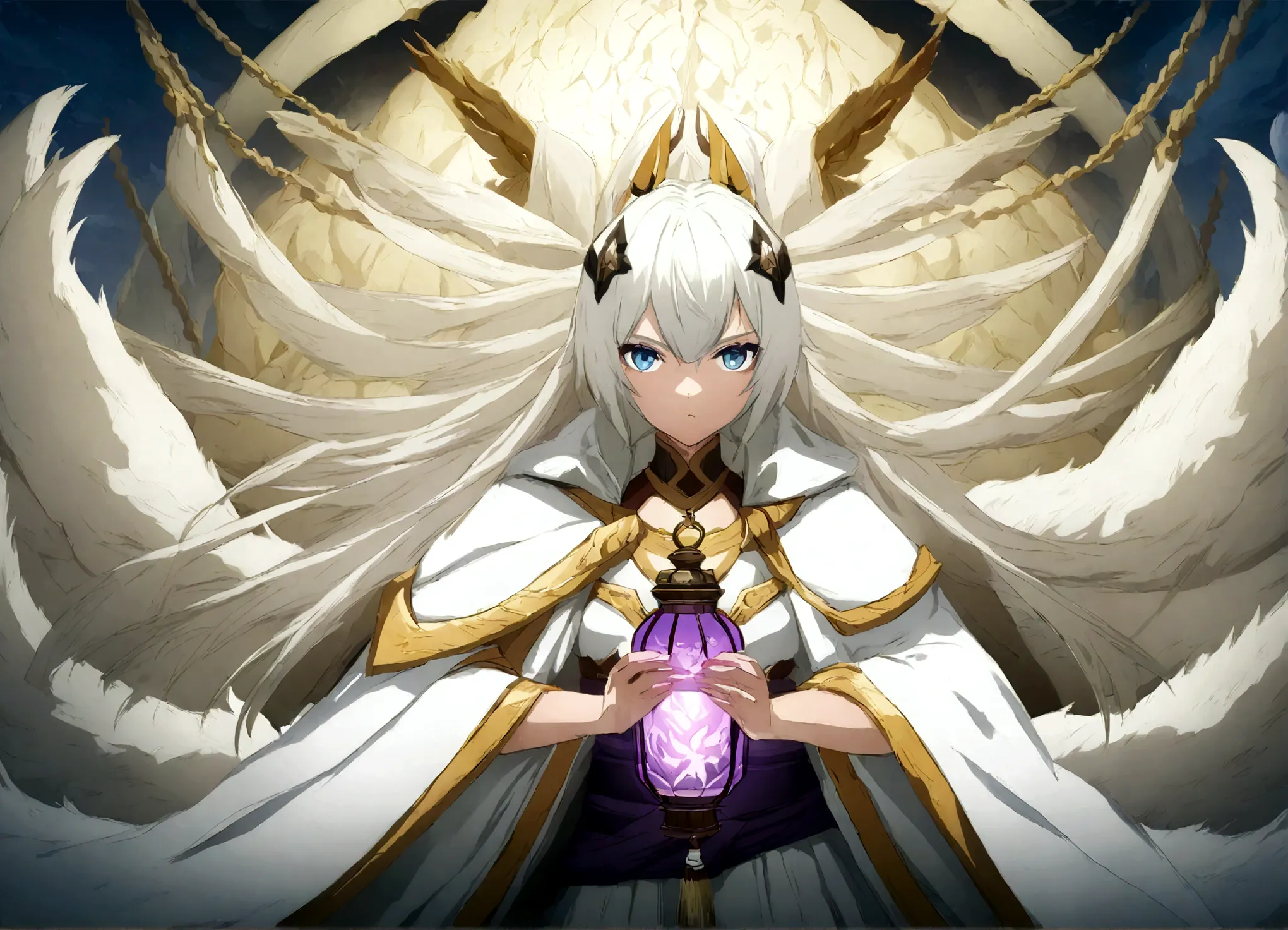 anime, a woman with white hair and a white cape holding a purple lantern, white haired deity, white fox anime, badass anime 8 k,...