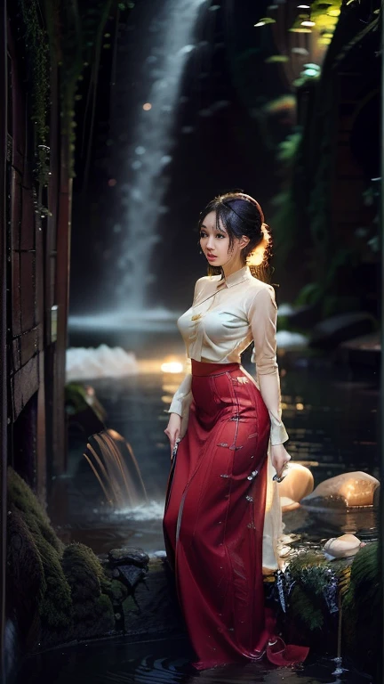 لا يوجد طابق علوي;  امرأة بورمية جميلة ترتدي تنورة طويلة تستحم بجانب النهر.  أخذت حماماً وكان جسمي كله مبللاً. لا أعلى, لكن ثديي كانا مغطى بتنورة طويلة