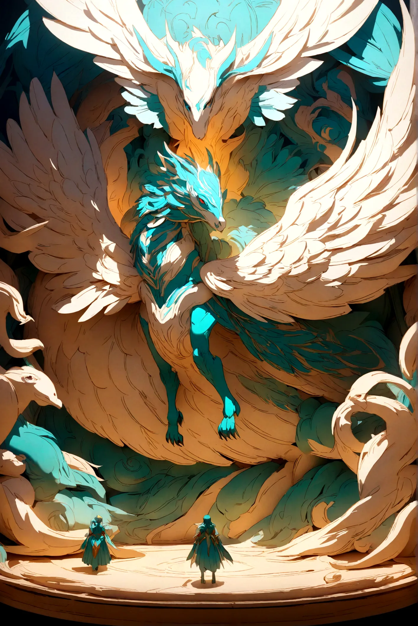 creature is a mix of a Phoenix with a Pegasus. It's Huge body has a beautiful Turquoise color. done in maquette style