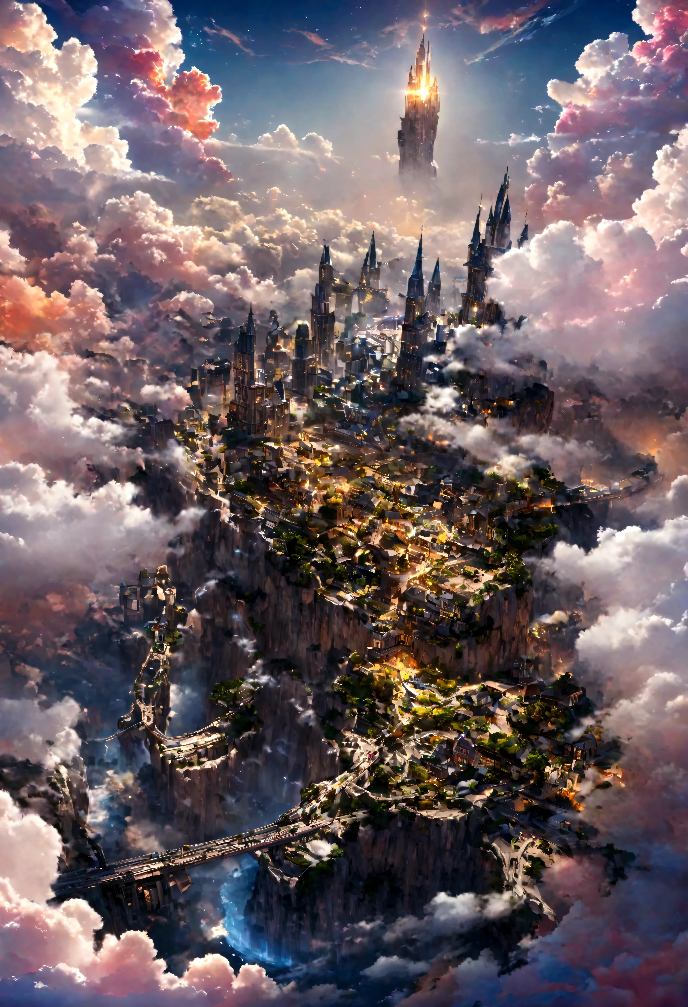 realistic, masterpiece, best quality, high quality, 8k, detailed, cinematic, fantastical city floating in the sky, with crystal ...