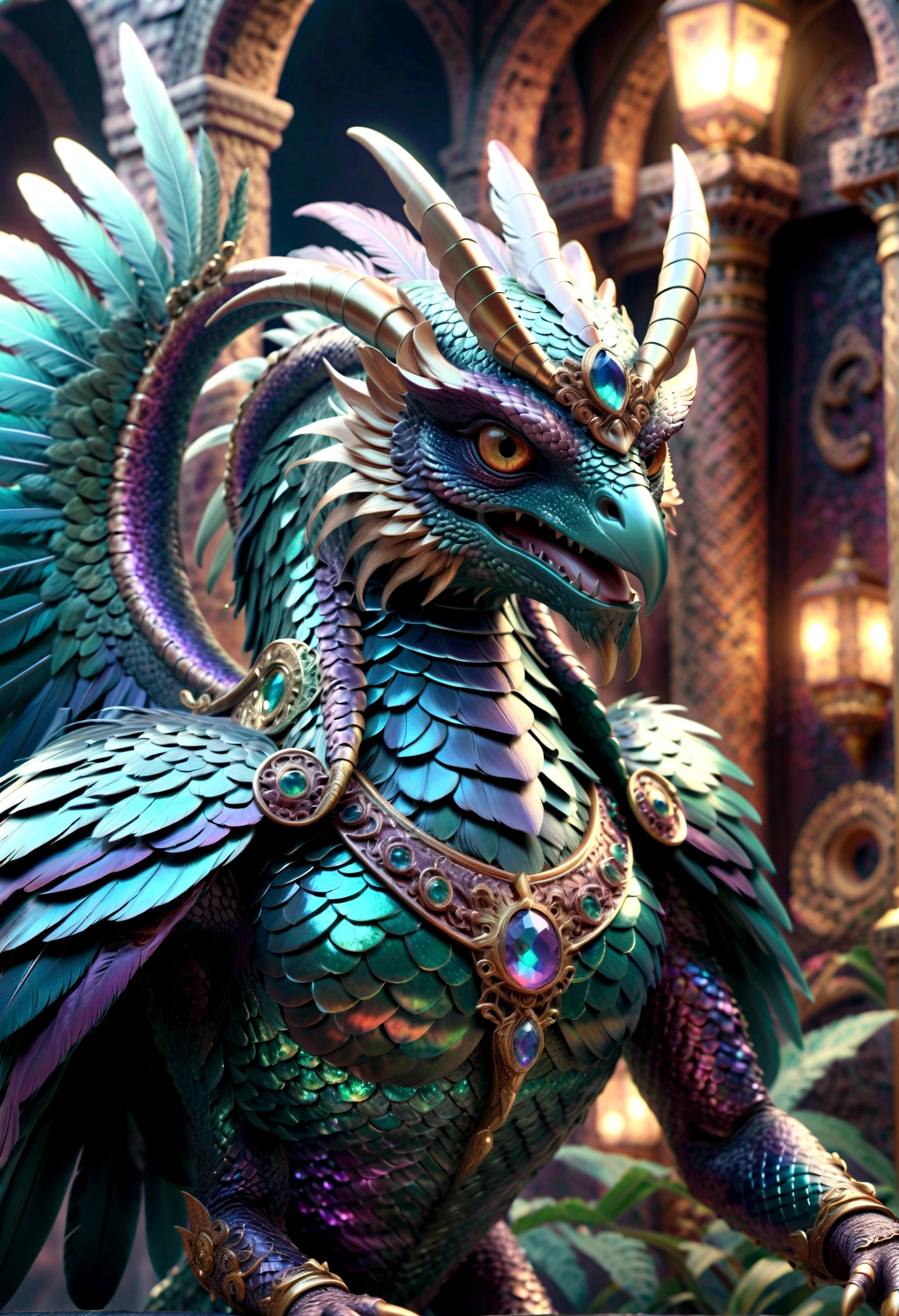 A feathered serpent-bodied monster with a bird-like head, highly detailed, photorealistic, 8K, HDR, cinematic lighting, dramatic lighting, intricate scales, iridescent feathers, fierce expression, sharp talons, coiled body, dramatic pose, dark fantasy, muted colors, moody atmosphere