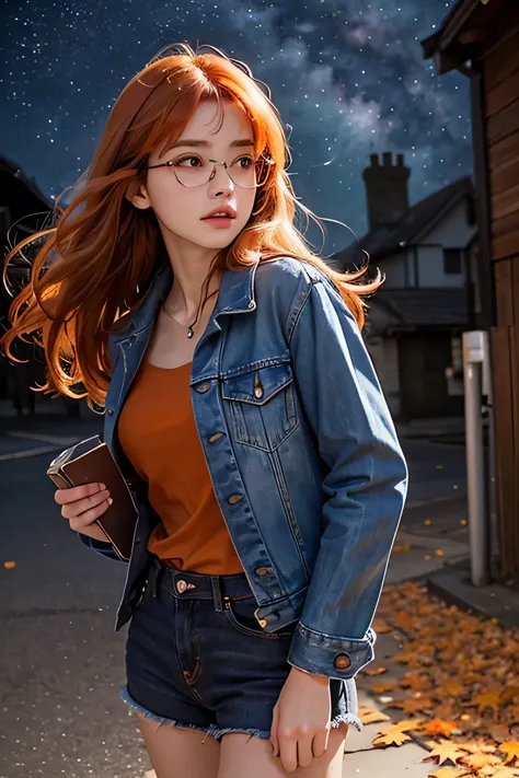 lifelike, High resolution, soft light,1 woman, (Detailed face), denim jacket，Hold a book in hand，wear glasses，sharp vision, nobl...