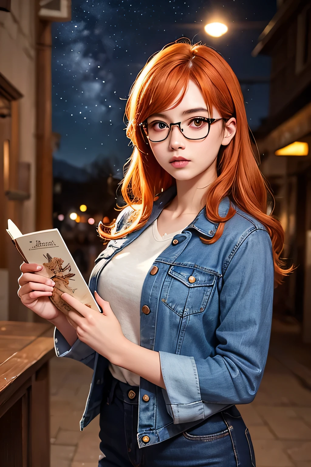 lifelike, High resolution, soft light,1 woman, (Detailed face), denim jacket，Hold a book in hand，wear glasses，sharp vision, noble and inviolable temperament, (([woman]: 1.2 + [beauty]: 1.2 + long orange hair: 1.2)), Bright Eyes, Purple tone pattern，Purple light and shadow，（standing on the street），Clear beauty, woman, 20 years old，((Autumnal) )，beautiful delicate eyes, Good 8KCG wallpaper, official art， Super detailed， masterpiece， best quality， Detailed face，expression of stoicism，dynamic poseeteor，starry sky，Milky Way，（original photo，best quality），（realistically，Real shot：1.3），best quality，Very detailed，masterpiece，Super detailed，（whole body），dynamic angle，World Masterpiece Theater，messy_long_hair，best quality，Astonishing，movie lighting，lens_flare，
