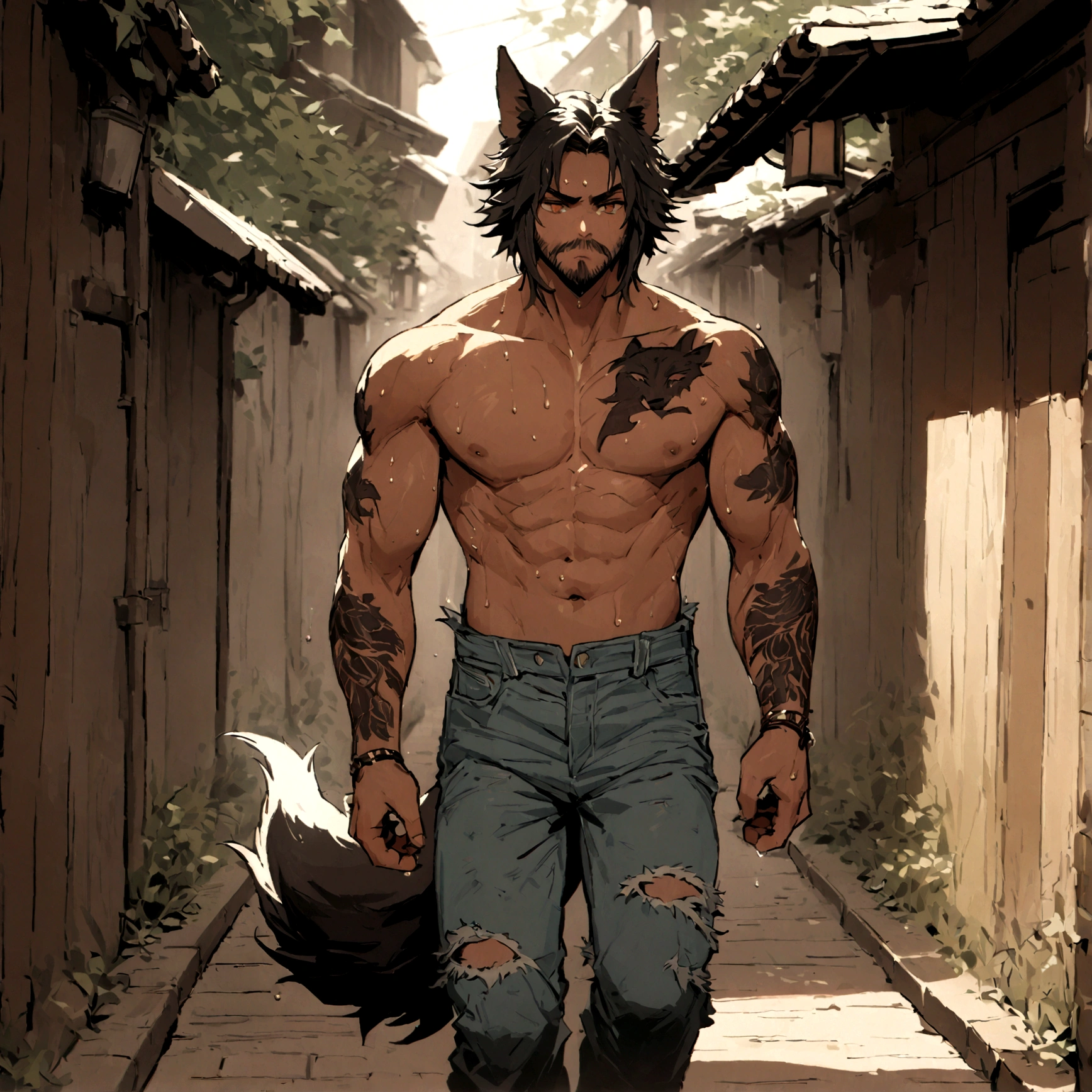 jason mamoa, wearing tattered denim jeans, has long white hair, has wolf ears, has a wolf tail, covered in sweat, has some wolf tattoos, walking down alleyway, cute looking, perfect, handsome, masterpiece, shirtless, has short grizzled beard