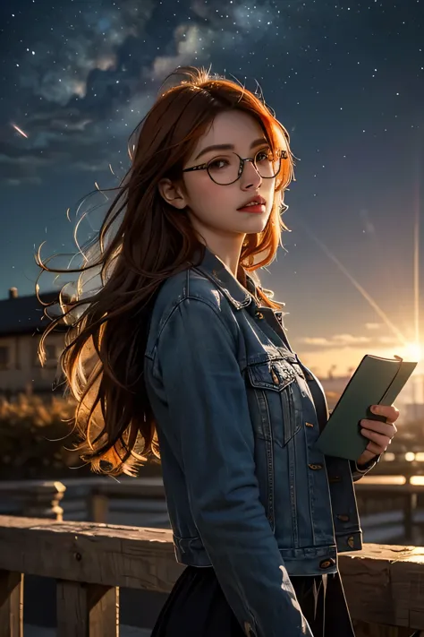 lifelike, High resolution, soft light,1 woman, (Detailed face), denim jacket，Hold a book in hand，wear glasses，sharp vision, nobl...