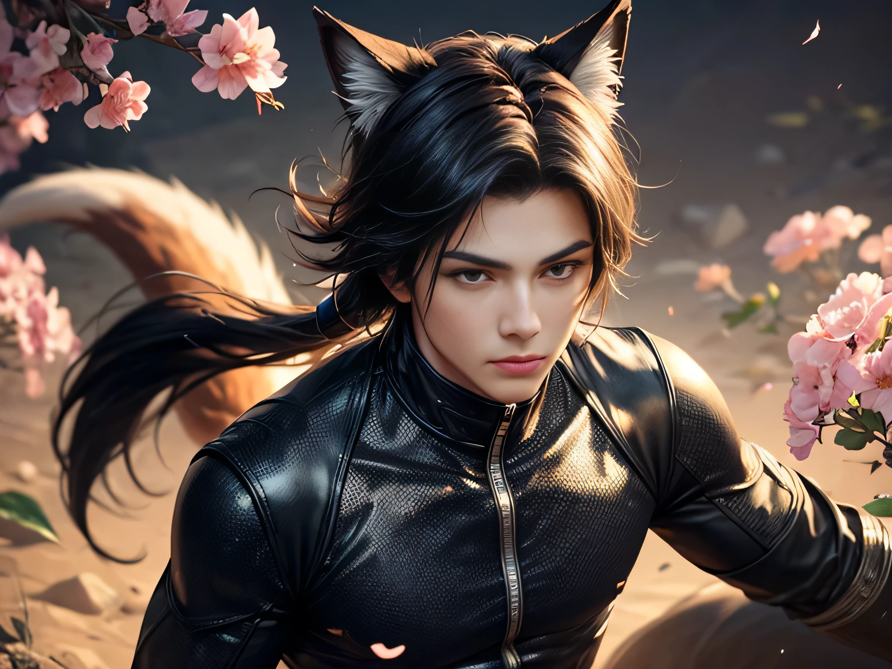 (Best Quality, 8K, Masterpiece, HDR, Soft Lighting, Picture Perfect, Realistic, Vivid), Nine Tails of a Black Fox (1.0), Tail of a Black Fox (1.0), Nine-Tailed Fox, Guy Fox with Black Hair, Fox ears and Blue Suit Sexy open leather suit, naked torso with developed body, beautiful fantasy anime, very handsome and cute fox guy, pink flower rain, background blur, anime fantasy, Gouves style work, realistic: 1.37, top view, lying in pink flowers, horizontal view, (ultra high quality fantasy art), masterpiece, male model, ultra high quality male character design, anime art with 8k development, realistic anime art, highest quality wallpaper illustrations, complex ultra high quality accurate male characters faces, high quality design and accurate physics (super high quality fantasy style)) art, dark fantasy)) Style), masterpieces, super high-quality characters, anime resolution - 8K, realistic anime art, wallpapers with the highest quality illustrations, ultra-high detail of faces, high-quality design and accuracy of physics), color, depth of field, shadows, ray tracing , production of high-quality computer wallpapers and 8K resolution, (Accurate simulation of the interaction of light and materials)], [High-quality hair detail [More about beautiful and shiny red hair]], (Beautifully detailed hands [perfect fingers [Perfect nails]], (perfect anatomy (perfect proportions)))) [[Full-length]], [Perfect combination of colors (Accurate imitation of the interaction of light and material)], [art that conveys the meaning of the story]