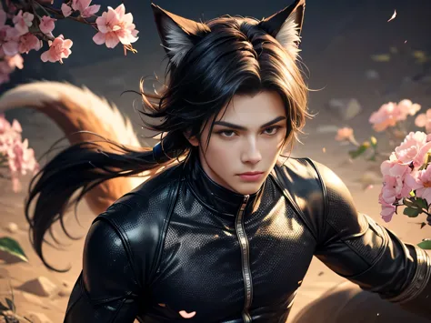 (Best Quality, 8K, Masterpiece, HDR, Soft Lighting, Picture Perfect, Realistic, Vivid), Nine Tails of a Black Fox (1.0), Tail of...