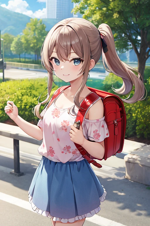 masterpiece, best quality, highres, 1girl, long hair, one side up, solo, ponytail,brown hair, blue eyes, bare shoulders, pink shirt, floral print, short sleeves, off-shoulder shirt, frills, blue skirt, cowboy shot, smile,standing, fullbody, wear high heels, wearing randoseru backpack, (randoseru backpack:1.1), outdoor, day