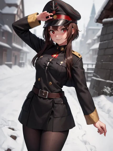 fascist, black ww2 ss uniform, military, german soldier, german officer hat, (masterpiece)1 girl, Megumin, best quality, flat ch...