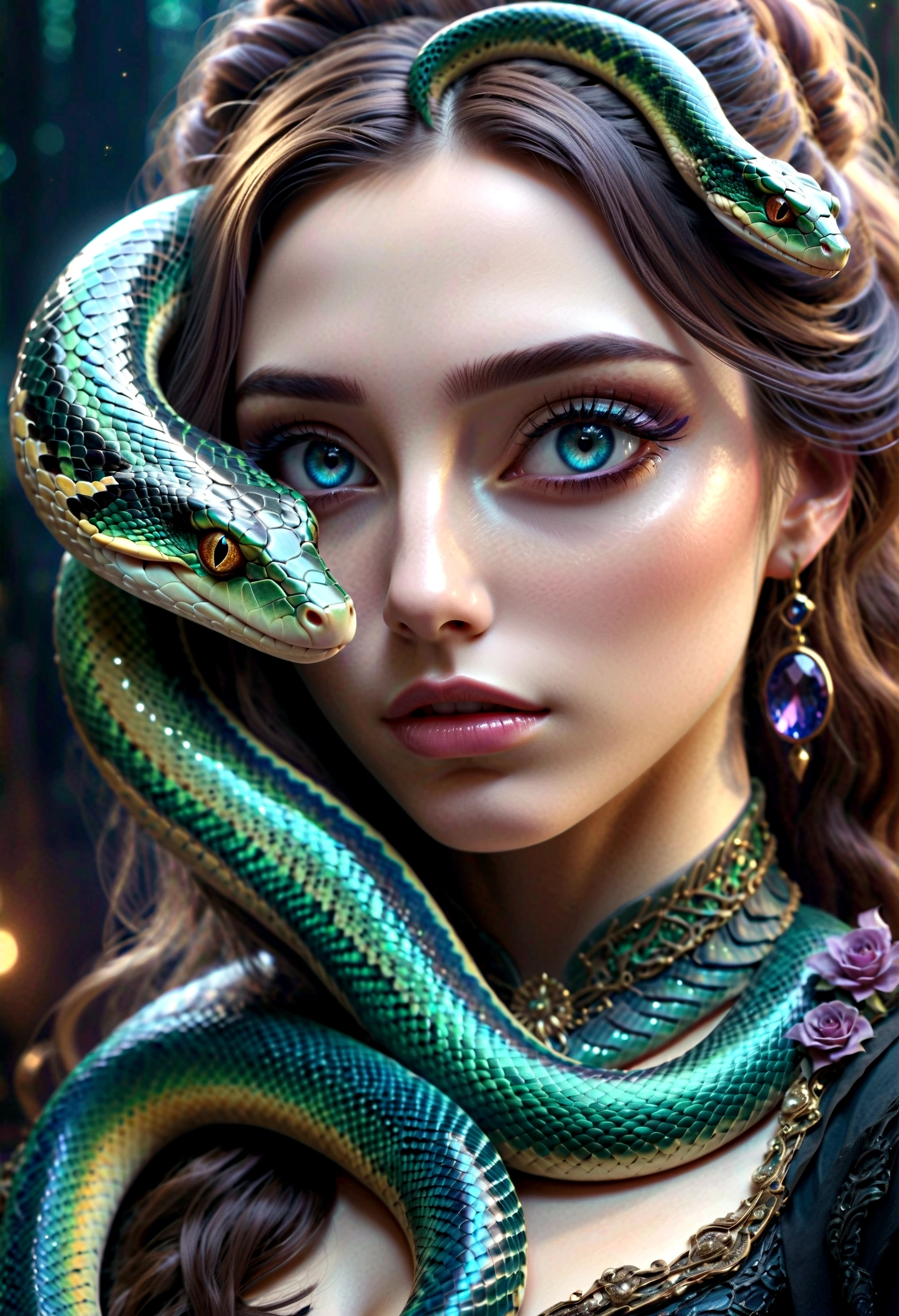 beautiful detailed eyes, beautiful detailed lips, extremely detailed eyes and face, long eyelashes, 1 girl, half snake woman, severus snape's daughter, detailed snake scales, snake tail, no legs, intricate patterned snake tail, photorealistic, 8k, hyper detailed, masterpiece, digital art, cinematic lighting, moody atmosphere, dramatic lighting, dark fantasy, dark magic, gothic, surreal