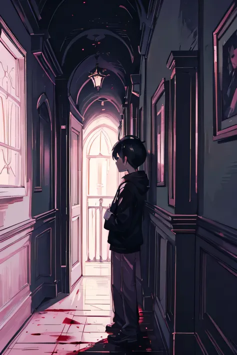 1 boy, scared look, dark eyes, looking at a staircase, dark environment, stairs covered in blood, pink light on the stairs