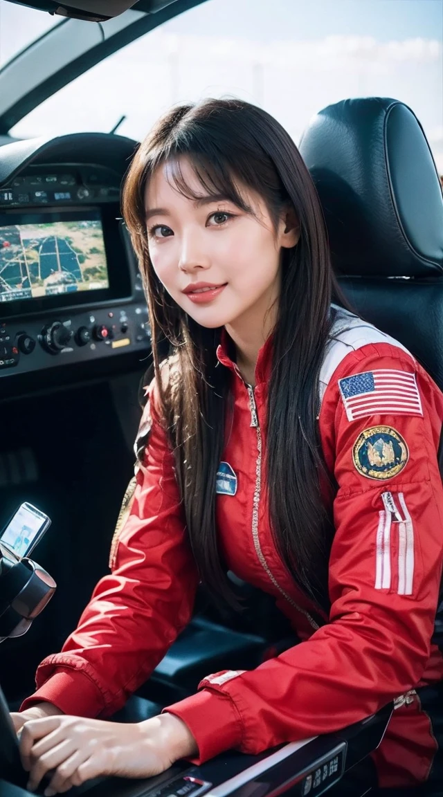 8k, highest quality, masterpiece, Realistic, Super detailed,  photograph, High resolution,  High resolution,, Cinematic Light, Official Art, High resolution, Depth of written border, Beautiful legs, thin, cute顔, smile, Beautiful details in the eyes, 19 years old Japanese, cute, Disheveled Hair,Crimson Jet Suit,Piloting a fighter jet、Flying in the sky、Fighter cockpit,There&#39;s flames coming out from behind