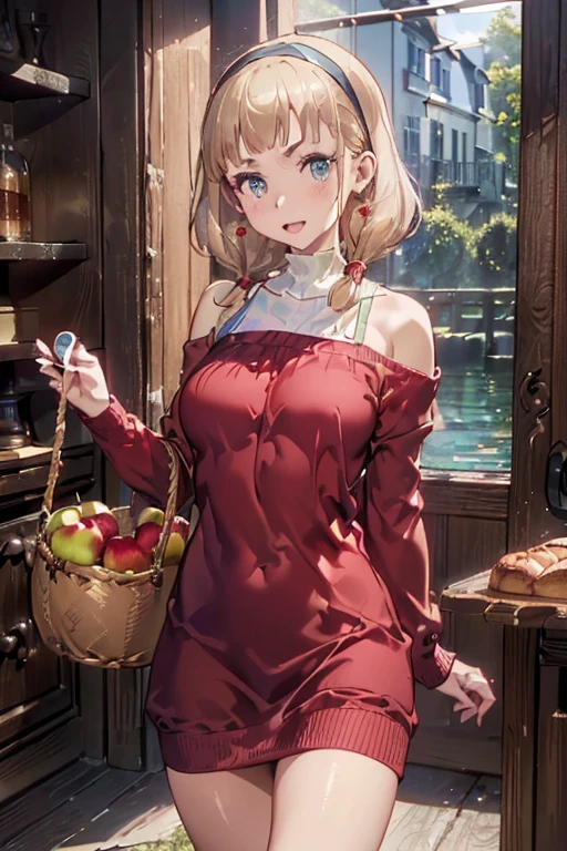 (perky chest:1.2), (pointed chest:1.2),(farmhouse entrance:1.3),(((Red Tunic:1.3))),(((apples and bread in the basket),Cute and beautiful girl,Cute round face,Cute smile,with blush cheeks,Red Lip,solo, looking at viewer, open mouth, have a cute glass of beergrass,black hair, dark green eyes, dress, bare shoulders,collarbone, sidelocks, hairband, earrings wih jewelry, indoors, off shoulder, sweater, arms behind back, plant, short hair with long locks, gild hairband, off-shoulder dress, sweater dress, off-shoulder sweater, black sweater, dark gord hair, big side hair, very long side hair,is rendered in (masterpiece: 1.2, best quality), with (ultra high resolution) and an exquisite (depth of field). ,(Bangs are see-through bangs),hair pin,hair adornments,detailed clothes features,Detailed hair features,detailed facial features,(Dynamic angles),(Dynamic and sexy poses),clothes that emphasize big breasts,Cinematic Light,(masutepiece,top-quality,Ultra-high resolution) ,(The 8k quality,Anatomically accurate facial structure,),(Sea Art 2 Mode:1.3),(Image Mode Ultra HD,)
