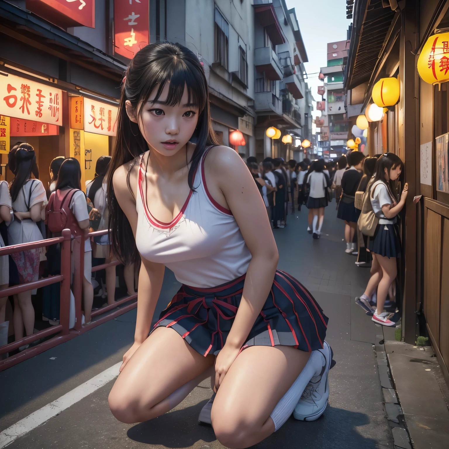 Japanese high school girl, realistic young gravure idol, girl crouching, panchira, young beautiful idols, teens, surreal ((best quality, 4K, 8K, highRes, masterpiece: 1.2), Ultra-Detailed, (real, photo Realistic, Photo -Realistic: 1.37), HDR, UHD, physically -based rendering, Chinatown, crowded, crowded