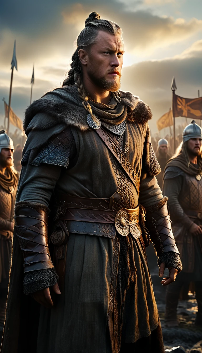 As the sun began to set, The warm golden hues of the sun illuminated his ornate attire, casting a warm glow across the area, Ground-level shot, king ragnar lothbrok Leading a huge viking army, background dark, hyper realistic, ultra detailed hyper realistic, photorealistic, Studio Lighting, reflections, dynamic pose, Cinematic, Color Grading, Photography, Shot on 50mm lens, Ultra-Wide Angle, Depth of Field, hyper-detailed, beautifully color, 8k, golden light from the front,