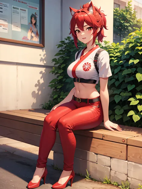kiriko overwatch , thighs, full body, high heels, nude tits, sitting, red jeans, wide hips