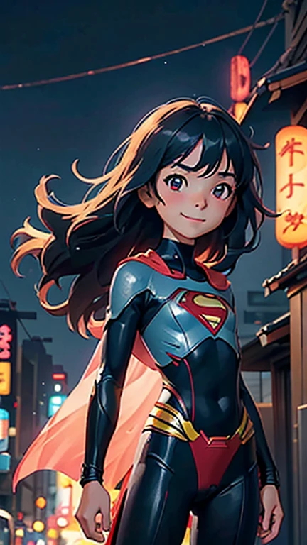 (8K),(obra de arte),(japonês),(menina de 8 anos),((olhar inocente)),((pequeno)),Da frente,sorriso,bonitinho,inocente,Olhos gentis,Peito plano, delgado,Superman costume,semi-longo,cabelo ao vento,Cabelo preto,vento forte,Meia-noite,Escuro,cidade futurista de luz neon