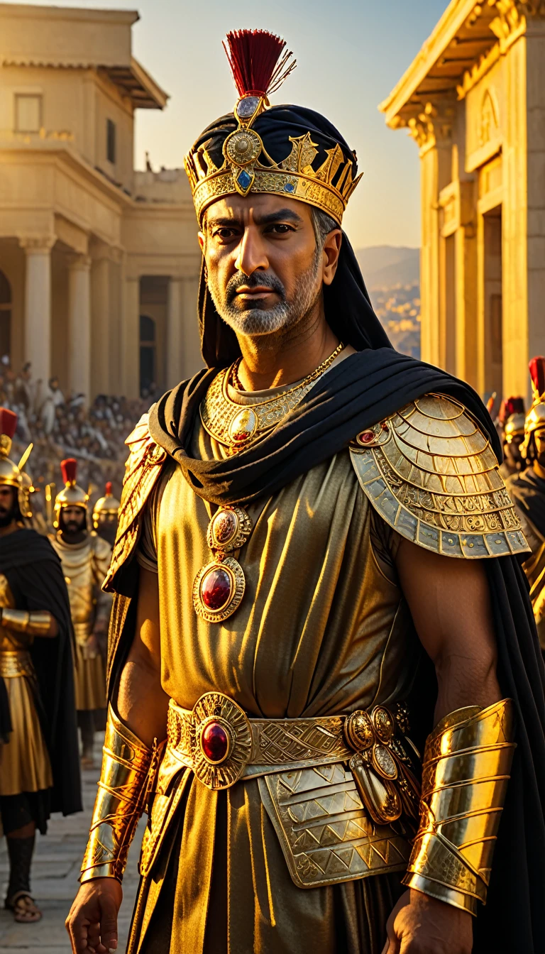 As the sun began to set, The warm golden hues of the sun illuminated his ornate attire, casting a warm glow across the area, Ground-level shot, Selfie of king Xerxes with his army after the defeat of Greece, background dark, hyper realistic, ultra detailed hyper realistic, photorealistic, Studio Lighting, reflections, dynamic pose, Cinematic, Color Grading, Photography, Shot on 50mm lens, Ultra-Wide Angle, Depth of Field, hyper-detailed, beautifully color, 8k, golden light from the front,